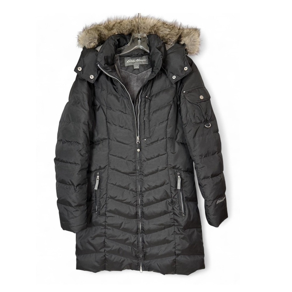 Eddie Bauer Womens Down Puffer Parka Womens Small Black Detachable Fur Hood